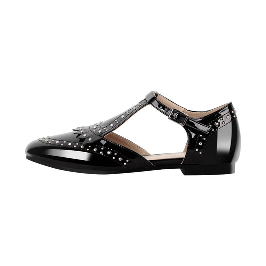 Hollow Black Round Toe Strap Rivet Flats - Onlymaker Featured