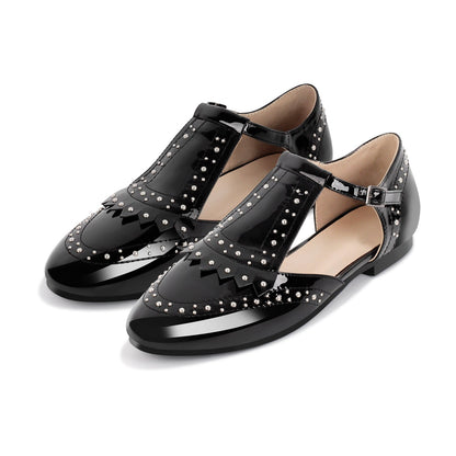 Hollow Black Round Toe Strap Rivet Flats - Onlymaker Featured