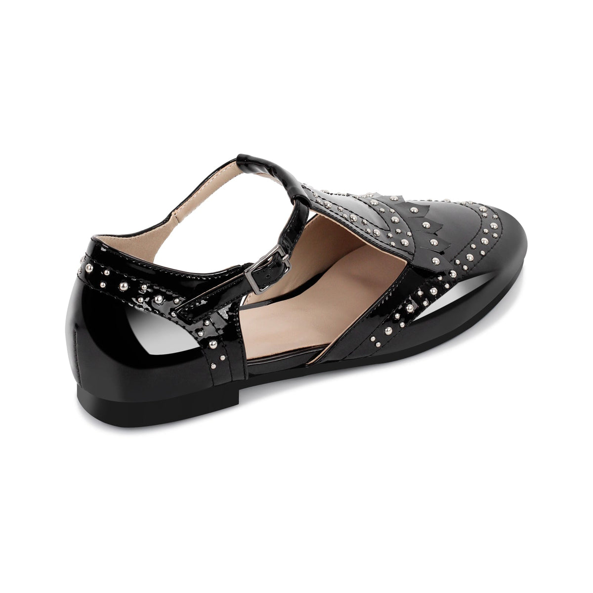 Hollow Black Round Toe Strap Rivet Flats - Onlymaker Featured