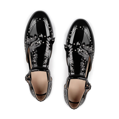 Hollow Black Round Toe Strap Rivet Flats - Onlymaker Featured