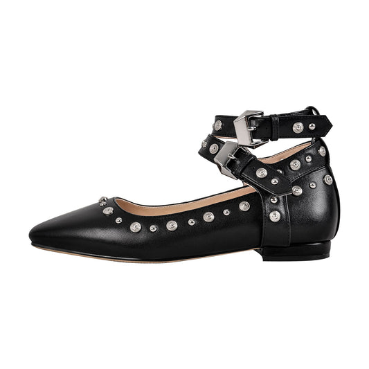 Rivet Square Toe Buckle Ankle Strap Flats - Onlymaker Quality