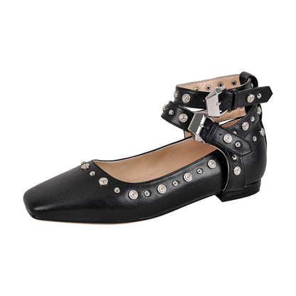Rivet Square Toe Buckle Ankle Strap Flats - Onlymaker Quality