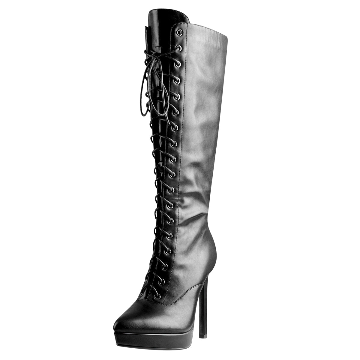 Black Matte Leather Platform Lace-Up High Heel Boots - Onlymaker Popular