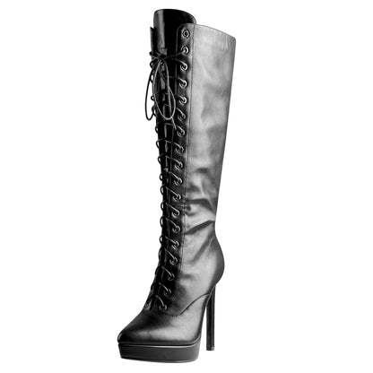 Black Matte Leather Platform Lace-Up High Heel Boots - Onlymaker Popular