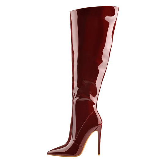 Pointed Toe Patent Side Zipper Knee High Boots - Onlymaker Deals