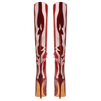 Pointed Toe Patent Side Zipper Knee High Boots - Onlymaker Deals