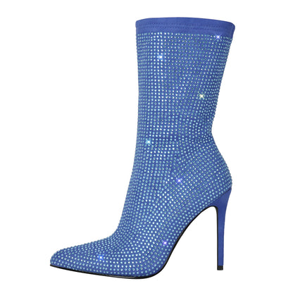 Rhinestone Pointed Toe High Heel Ankle Boots - Onlymaker Trusted