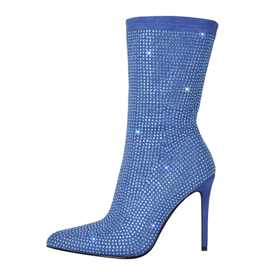 Rhinestone Pointed Toe High Heel Ankle Boots - Onlymaker Trusted