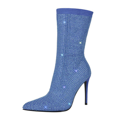 Rhinestone Pointed Toe High Heel Ankle Boots - Onlymaker Trusted