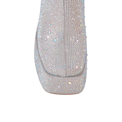 Rhinestone Square Toe Chunky Heel Platform Ankle Boots - Onlymaker Essential