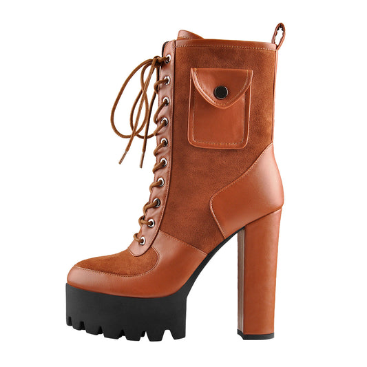 Platform Lace Up Chunky Heel Combat Pocket Fashion Ankle Boots - Onlymaker Essential