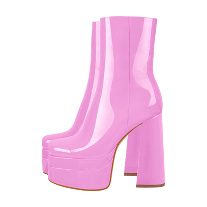 Square Toe Double Platform Block Heel Ankle Boots - Onlymaker Popular