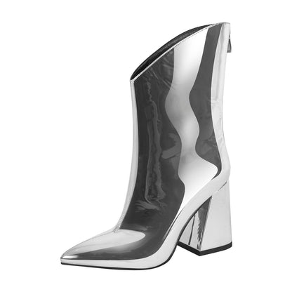 Silver Metallic Leather Chunky Heel Ankle Boots - Onlymaker Recommended