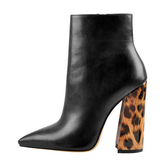 Matte Leather Pointed Toe Leopard Block Heels Ankle Boots - Onlymaker Signature
