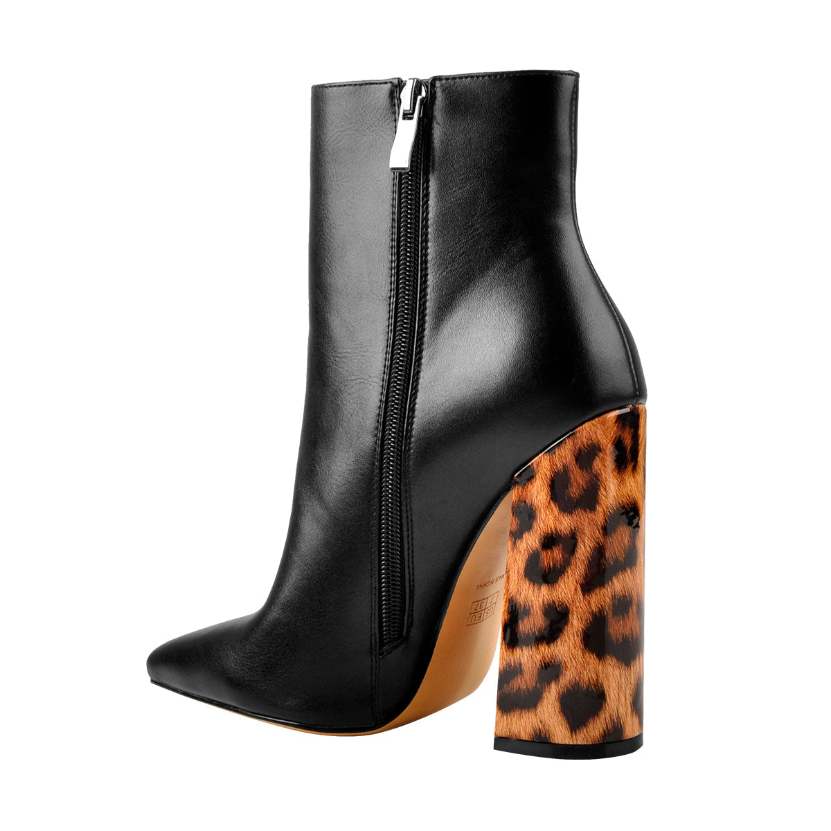 Matte Leather Pointed Toe Leopard Block Heels Ankle Boots - Onlymaker Signature