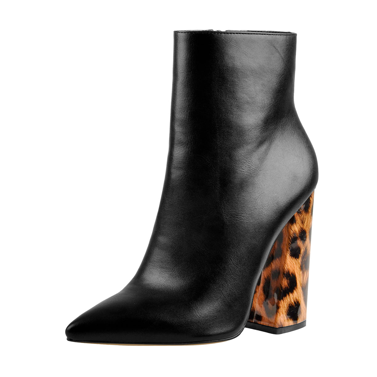 Matte Leather Pointed Toe Leopard Block Heels Ankle Boots - Onlymaker Signature