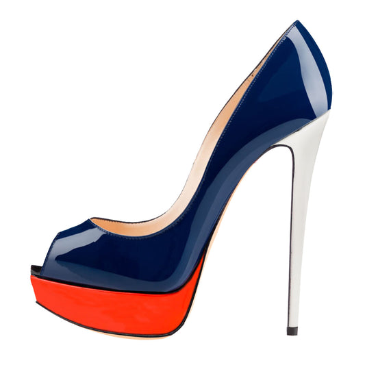Retro Blue Peep Toe Stiletto Pumps with Red Platform - Onlymaker New