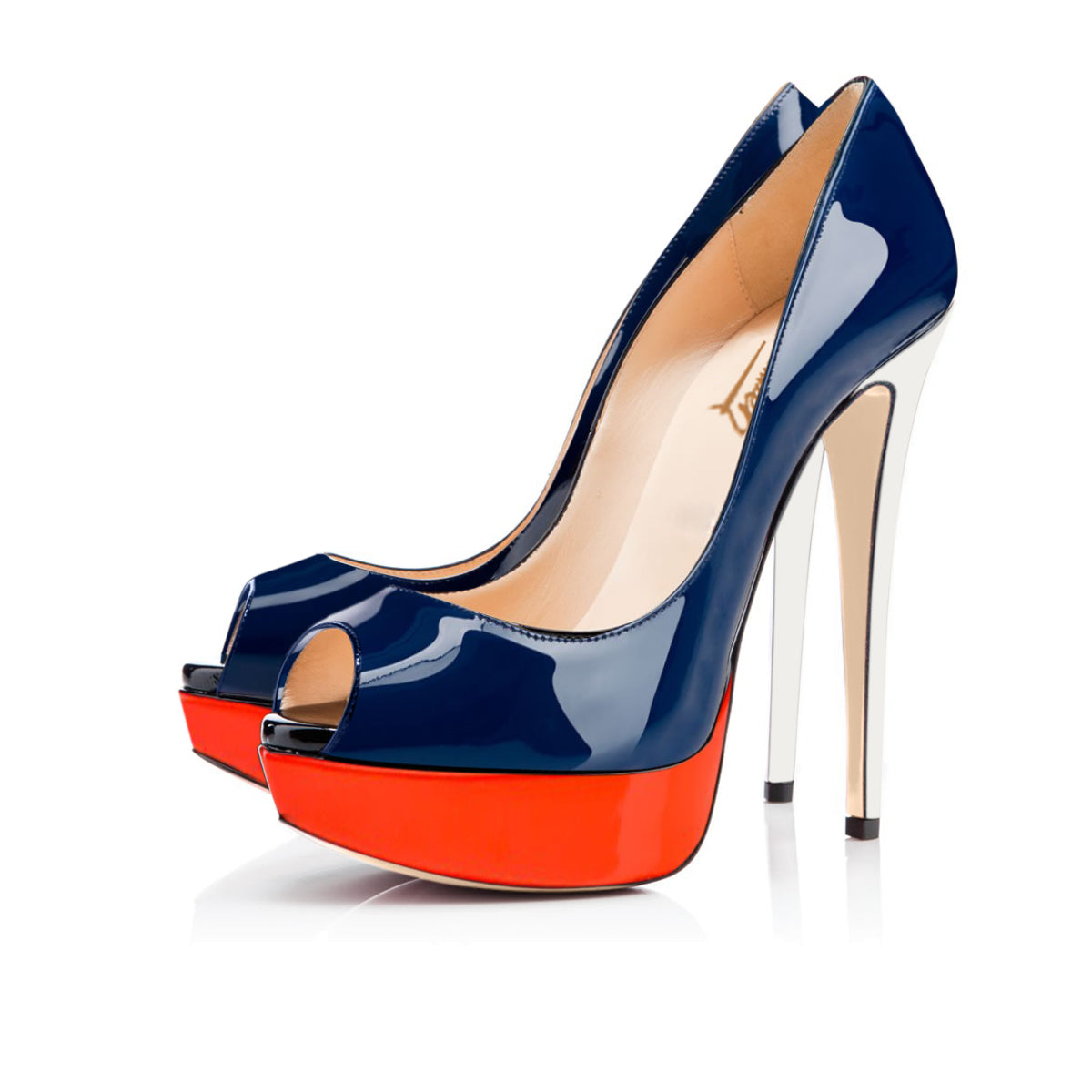 Retro Blue Peep Toe Stiletto Pumps with Red Platform - Onlymaker New