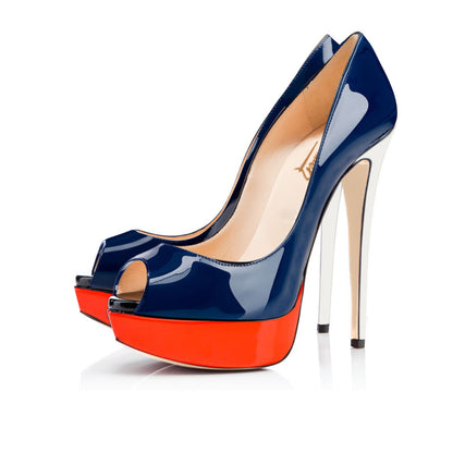 Retro Blue Peep Toe Stiletto Pumps with Red Platform - Onlymaker New