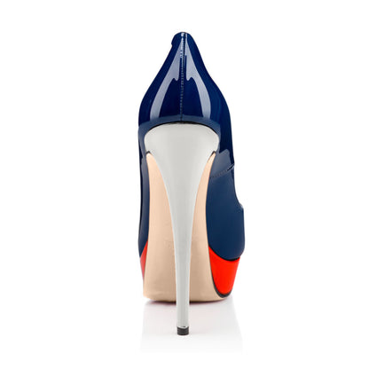 Retro Blue Peep Toe Stiletto Pumps with Red Platform - Onlymaker New