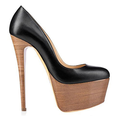 Rounde Toe Platform Wood Grain Stiletto High Heels Pumps - Onlymaker Best Price