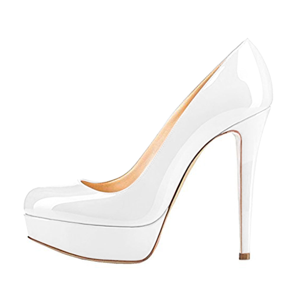 Round Toe Low Platform White Slip On High Heels - Onlymaker Classic