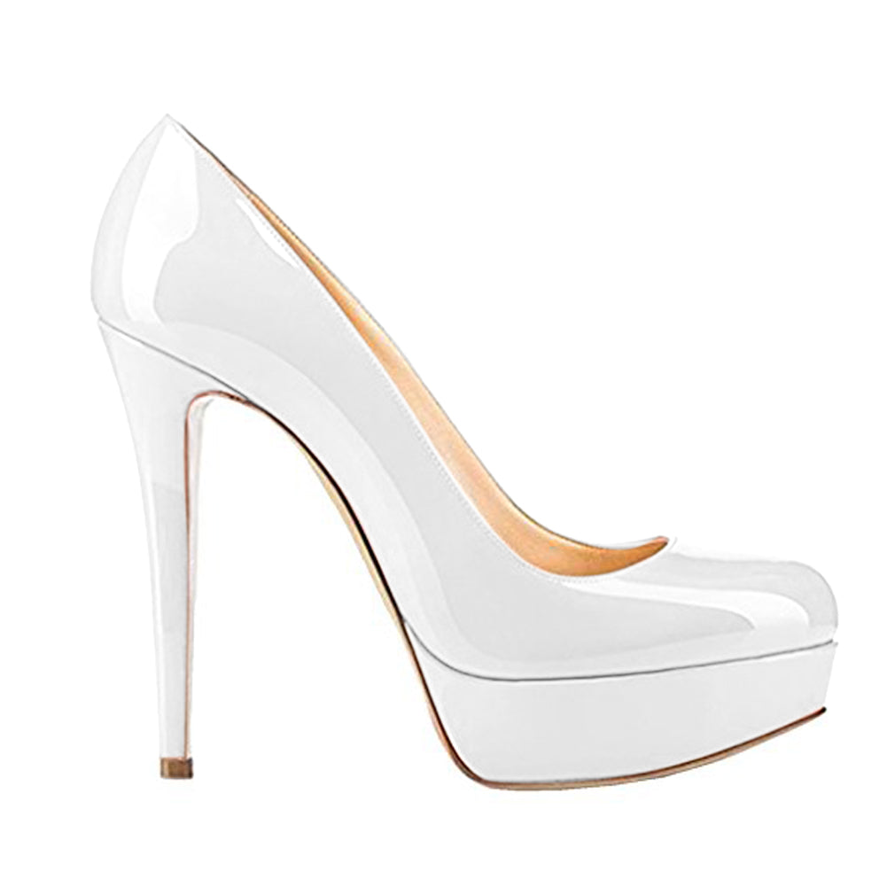 Round Toe Low Platform White Slip On High Heels - Onlymaker Classic