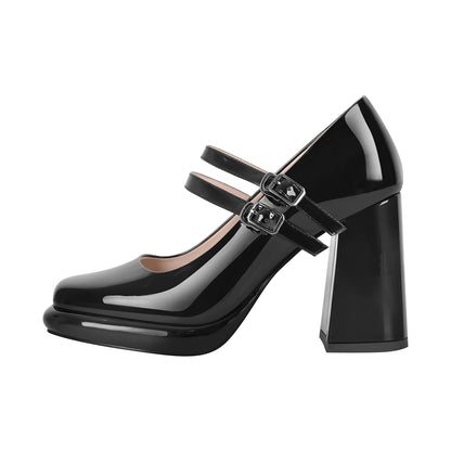 Square Toe Mary Jane Buckle Strap Chunky Heel Pumps - Onlymaker Exclusive