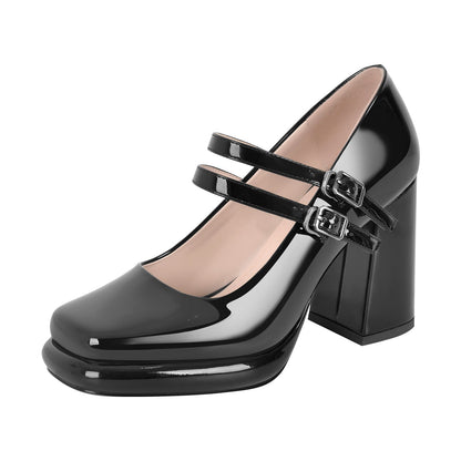 Square Toe Mary Jane Buckle Strap Chunky Heel Pumps - Onlymaker Exclusive
