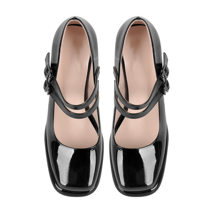 Square Toe Mary Jane Buckle Strap Chunky Heel Pumps - Onlymaker Exclusive