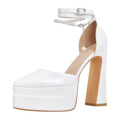 White Pointed Toe Platform Chunky Pumps - Onlymaker Everyday