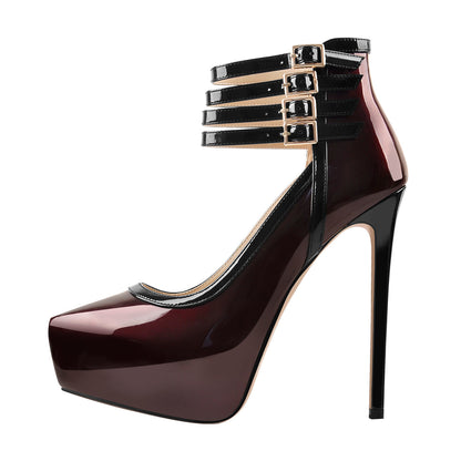 Quadruple Buckle Ankle Strap Patent High Heel Pumps - Onlymaker New