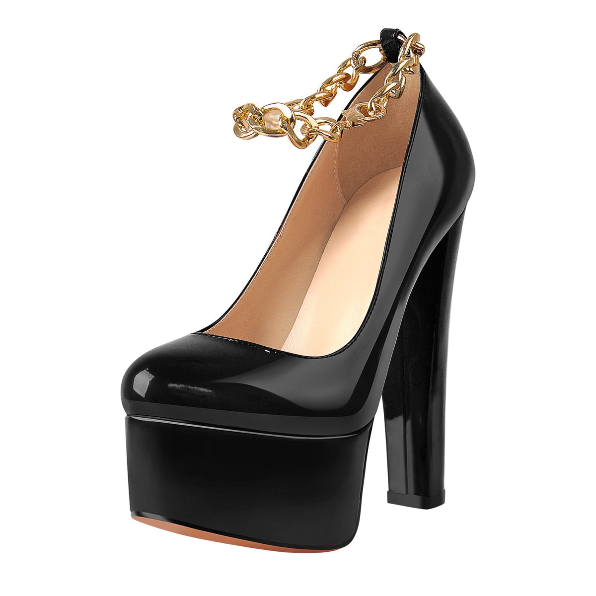 Black Round Toe Black Ankle Chain Platform Pumps - Onlymaker New
