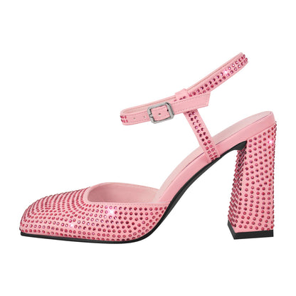 Rhinestone Square Toe Chunky Heel Ankle Strap Pumps - Onlymaker Essential
