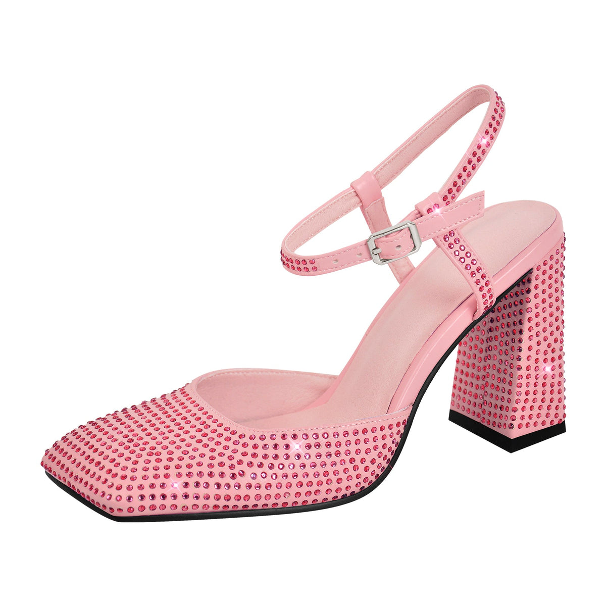 Rhinestone Square Toe Chunky Heel Ankle Strap Pumps - Onlymaker Essential