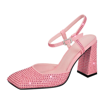 Rhinestone Square Toe Chunky Heel Ankle Strap Pumps - Onlymaker Essential
