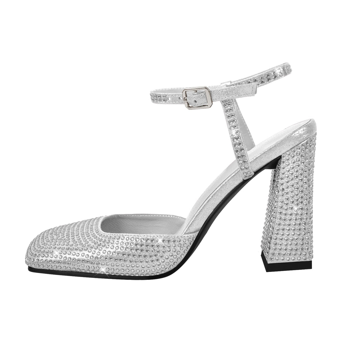 Rhinestone Square Toe Chunky Heel Ankle Strap Pumps - Onlymaker Essential