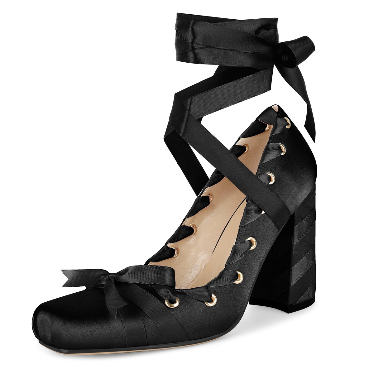 Square Toe Satin Bow Ballet Lace-up Pumps - Onlymaker Special Offer