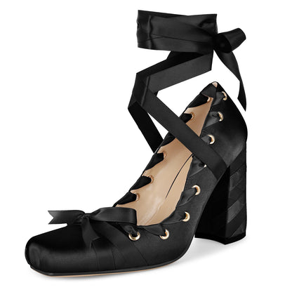 Square Toe Satin Bow Ballet Lace-up Pumps - Onlymaker Special Offer