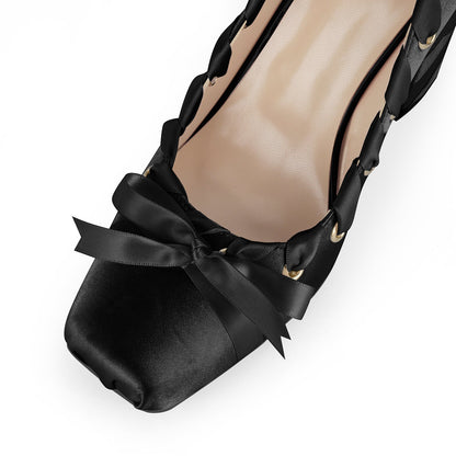 Square Toe Satin Bow Ballet Lace-up Pumps - Onlymaker Special Offer