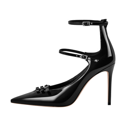 Pointed Toe Multi-Buckle Ankle Strap Stiletto Pumps - Onlymaker Popular