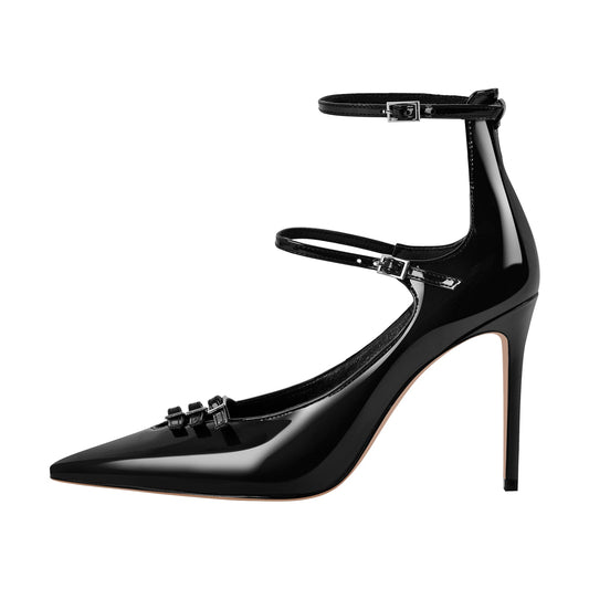 Pointed Toe Multi-Buckle Ankle Strap Stiletto Pumps - Onlymaker Popular