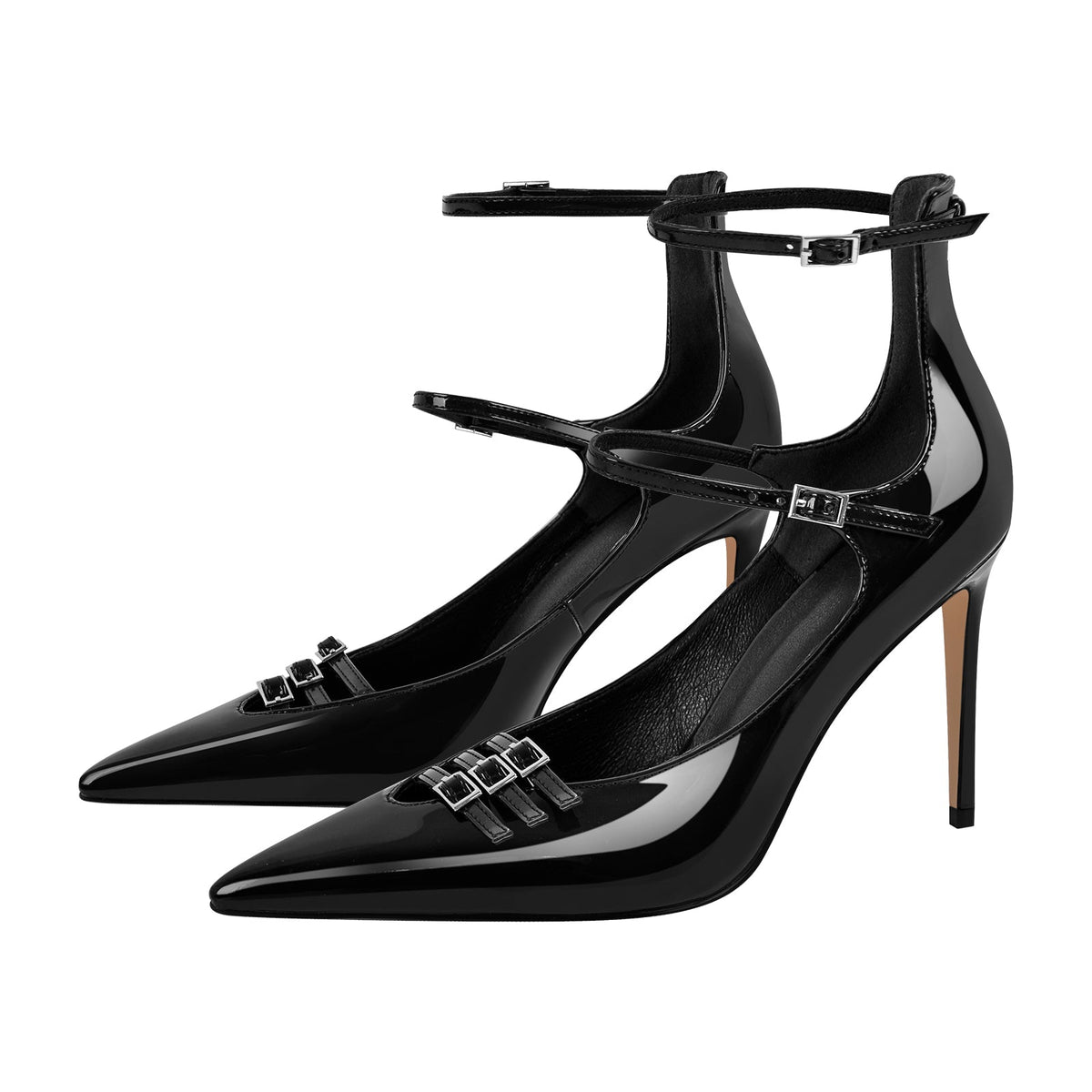 Pointed Toe Multi-Buckle Ankle Strap Stiletto Pumps - Onlymaker Popular