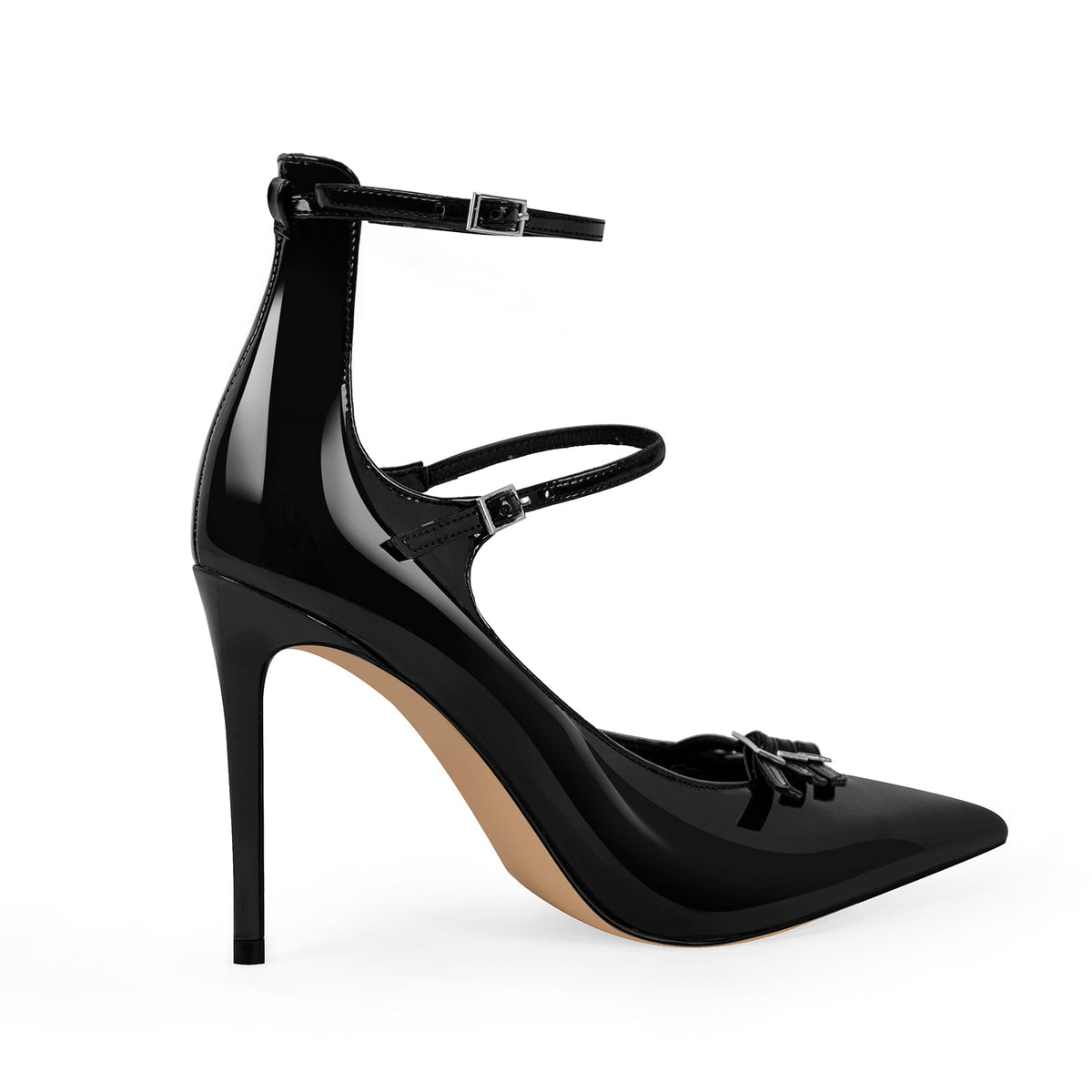 Pointed Toe Multi-Buckle Ankle Strap Stiletto Pumps - Onlymaker Popular