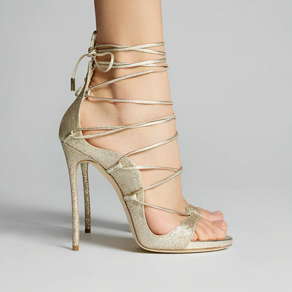 Round Toe Gladiator Lace-up Stiletto Sandals - Onlymaker Discount