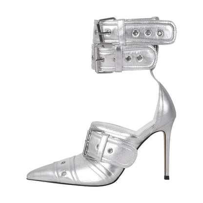 Double Buckle Strap Pointed Toe Stiletto Pumps - Onlymaker Premium