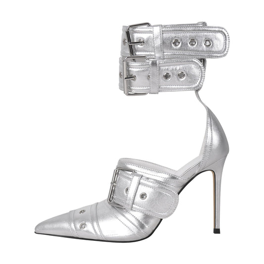 Double Buckle Strap Pointed Toe Stiletto Pumps - Onlymaker Premium