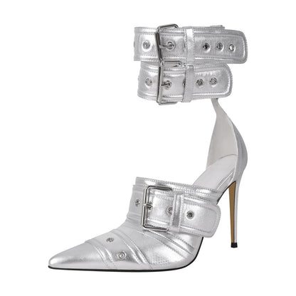 Double Buckle Strap Pointed Toe Stiletto Pumps - Onlymaker Premium
