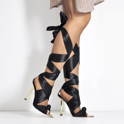 Pointy Open Toe High Heel Lace up Sandals - Onlymaker Great Value