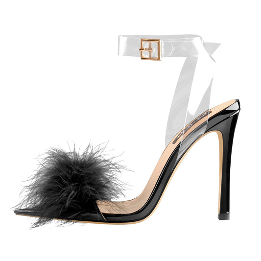 Black Feather High Heel Clear Strap Stilettos Sandals - Onlymaker Recommended